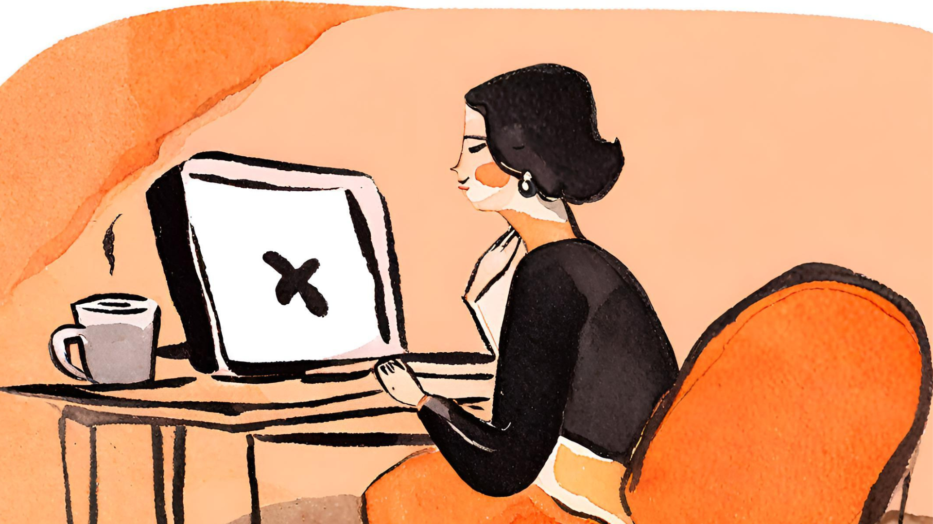 Piirretty oranssitaustainen kuva, jossa nainen istuu pöydän ääressä tietokone edessään.